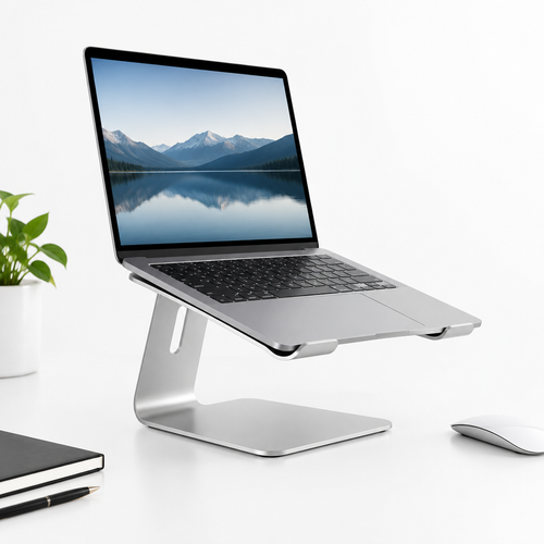 Support ergonomique pour laptop en aluminium sur bureau blanc