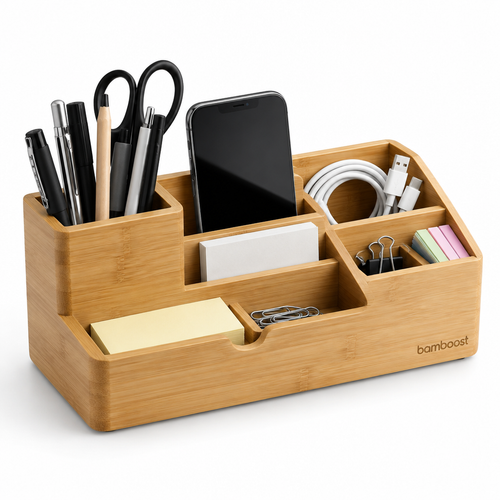 Organisateur de bureau multifonction en bambou sur fond blanc